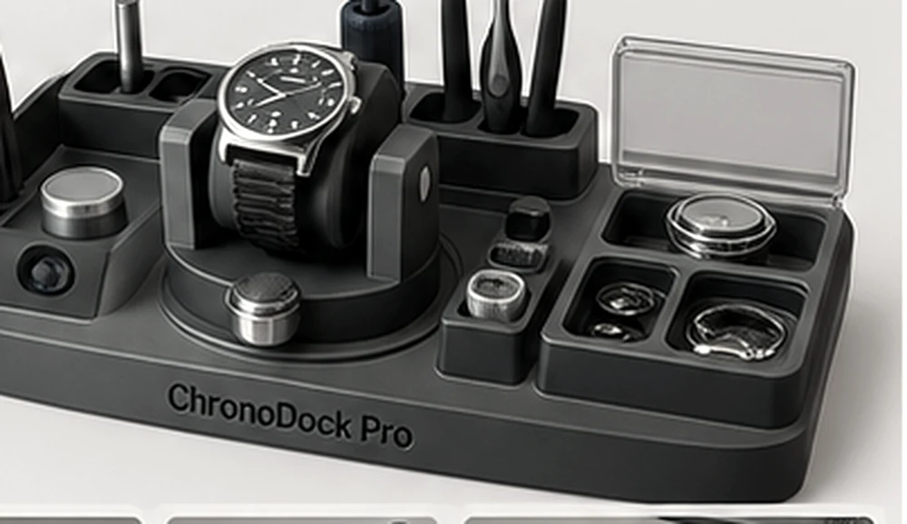ChronoDock Pro: Uhrmacher-Arbeitsplattform mit Uhrenhalter, Schraubenfächern und Werkzeughaltern