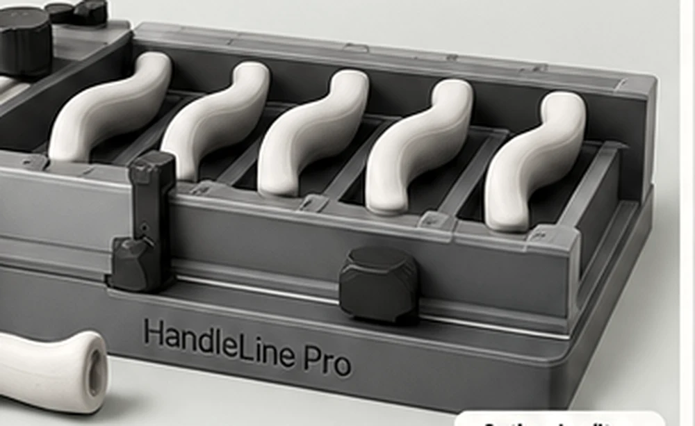 HandleLine Pro: Formstation mit fünf gleich geformten Keramikgriffen in Reihe