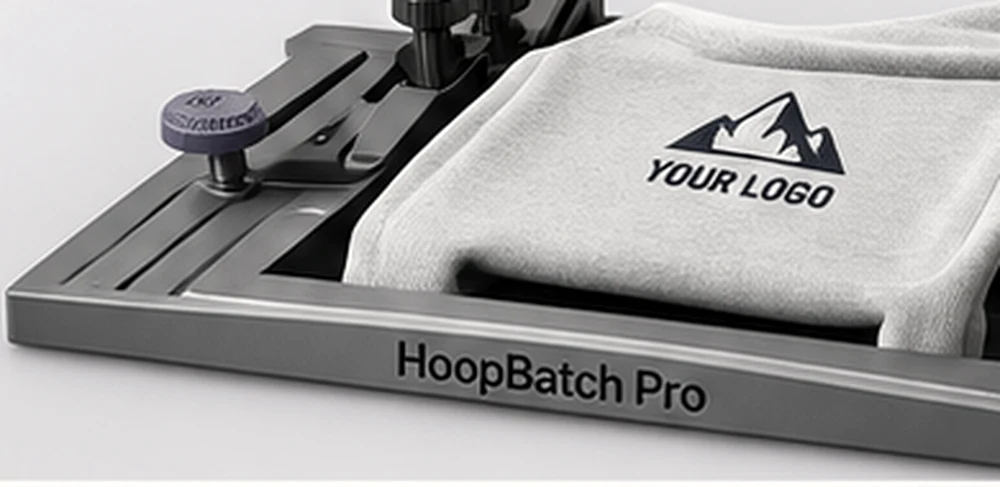 HoopBatch Pro: Positionierstation mit verstellbaren Anschlägen und eingelegtem Textil