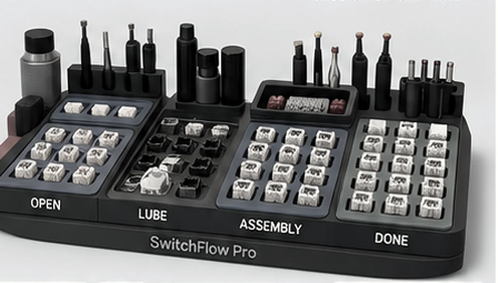 SwitchFlow Pro: Arbeitsstation mit vier Zonen für Keyboard-Switches, beschriftet Open, Lube, Assembly, Done