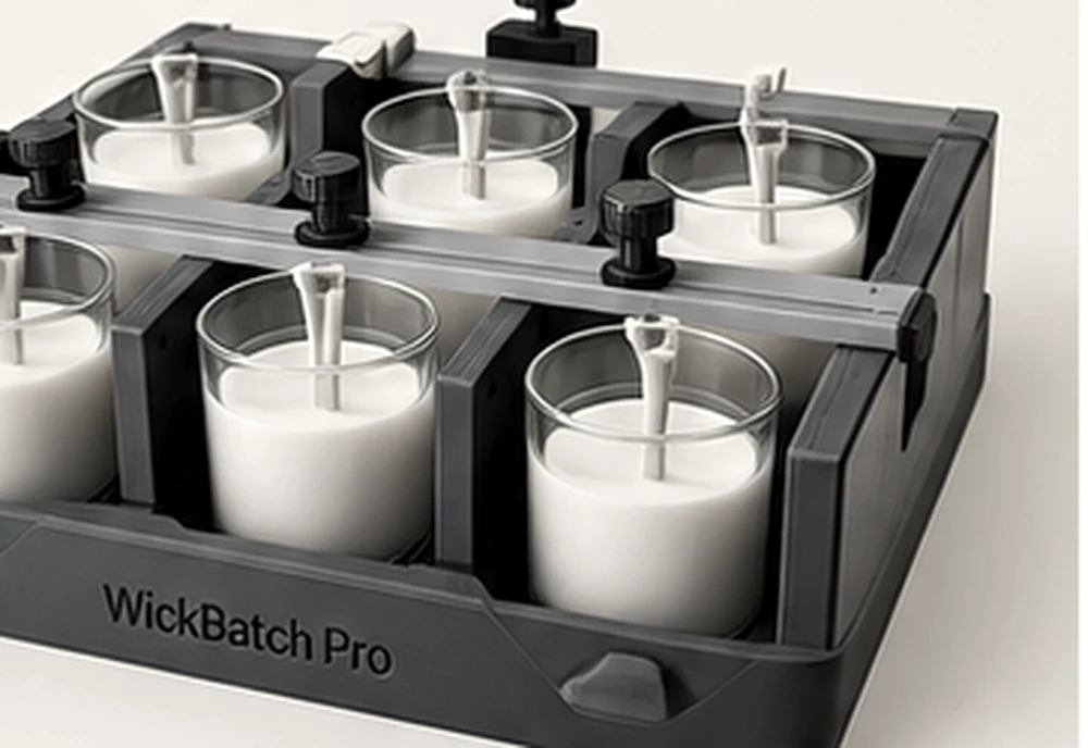 WickBatch Pro: Rahmen mit sechs eingespannten Kerzengläsern, alle Dochte zentriert